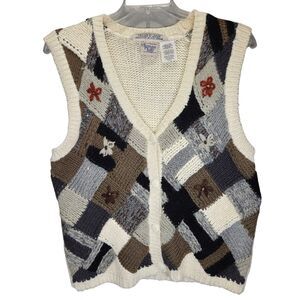Vintage Huntington Ridge Sweater Vest Women Large White Brown Hand Knit Buttons